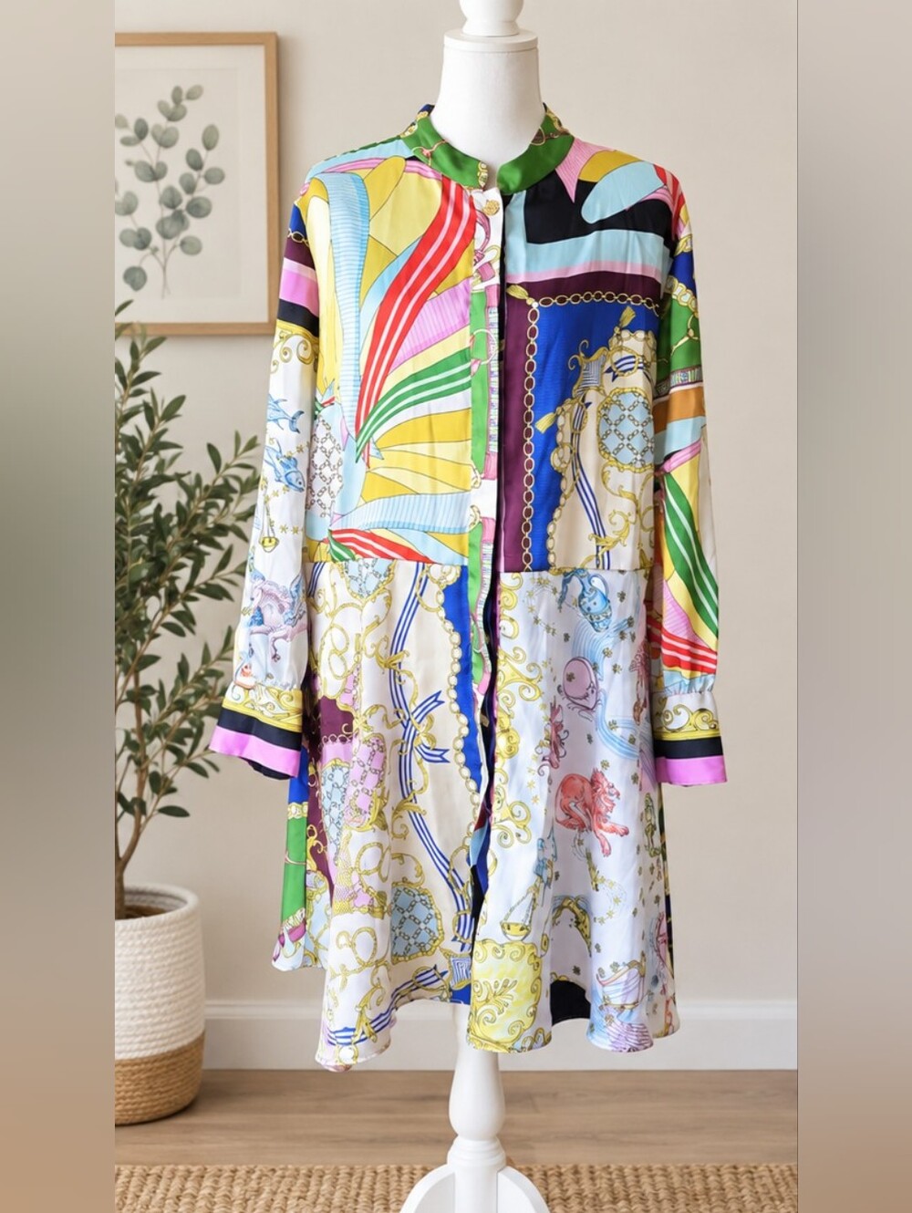 ZARA Multicolor Scarf Print Shirt Dress | XL Resortwear Mini Vacation Brunch